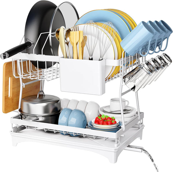 PKBD 2 Tier Large Dish Drying Rack with Drip Tray, Detachable Dish Drainer Rack with Swivel Drainage Spout, Cutting-Board Holder, Cup Holder, Organize Shelf with Utensil Holder Set, White