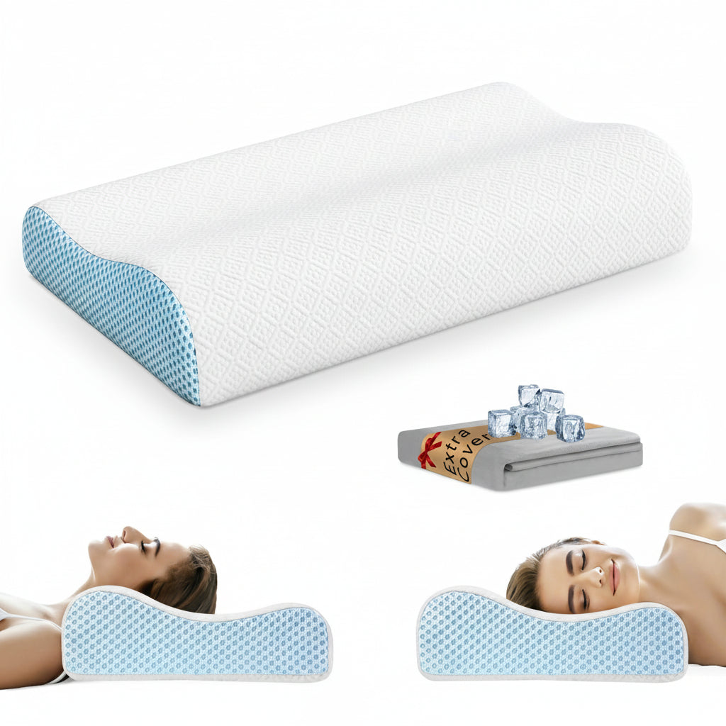 Memory Foam Pillow with Replacement Pillowcase(Cooling Ice Silk&Cotton),Neck/Shoulder Pain Relief,Ergonomic Orthopedic Cervical Pillow,Neck Contoured Bed Pillow for Side,Back,Stomach Sleepers