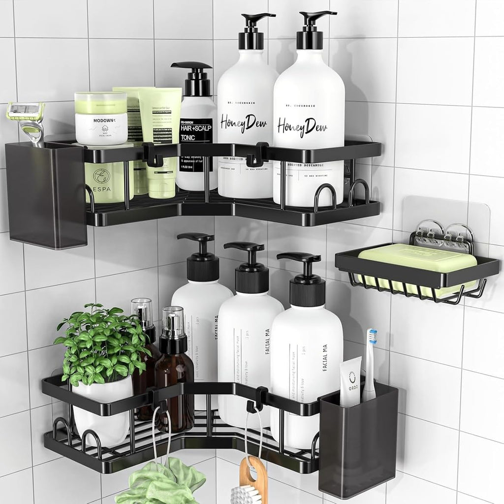 Corner Shower Caddy 3 Pack,Bathroom Storage No Drilling,shower storage with Soap Holder&Hooks&Toothpaste Holders,Bathroom or Kitchen,Rustproof Stainless Steel suction bathroom accessories,Black