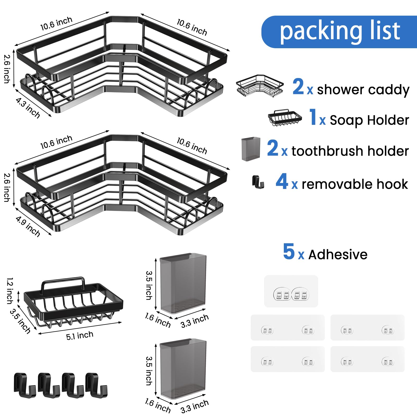 Corner Shower Caddy 3 Pack,Bathroom Storage No Drilling,shower storage with Soap Holder&Hooks&Toothpaste Holders,Bathroom or Kitchen,Rustproof Stainless Steel suction bathroom accessories,Black