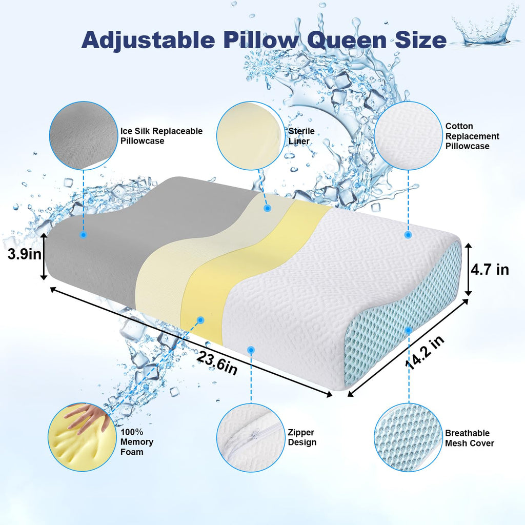 Memory Foam Pillow with Replacement Pillowcase(Cooling Ice Silk&Cotton),Neck/Shoulder Pain Relief,Ergonomic Orthopedic Cervical Pillow,Neck Contoured Bed Pillow for Side,Back,Stomach Sleepers