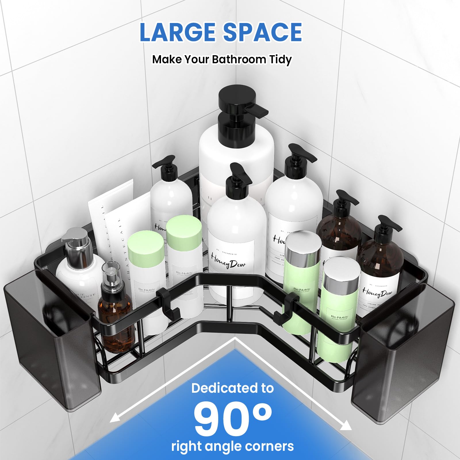 Corner Shower Caddy 3 Pack,Bathroom Storage No Drilling,shower storage with Soap Holder&Hooks&Toothpaste Holders,Bathroom or Kitchen,Rustproof Stainless Steel suction bathroom accessories,Black