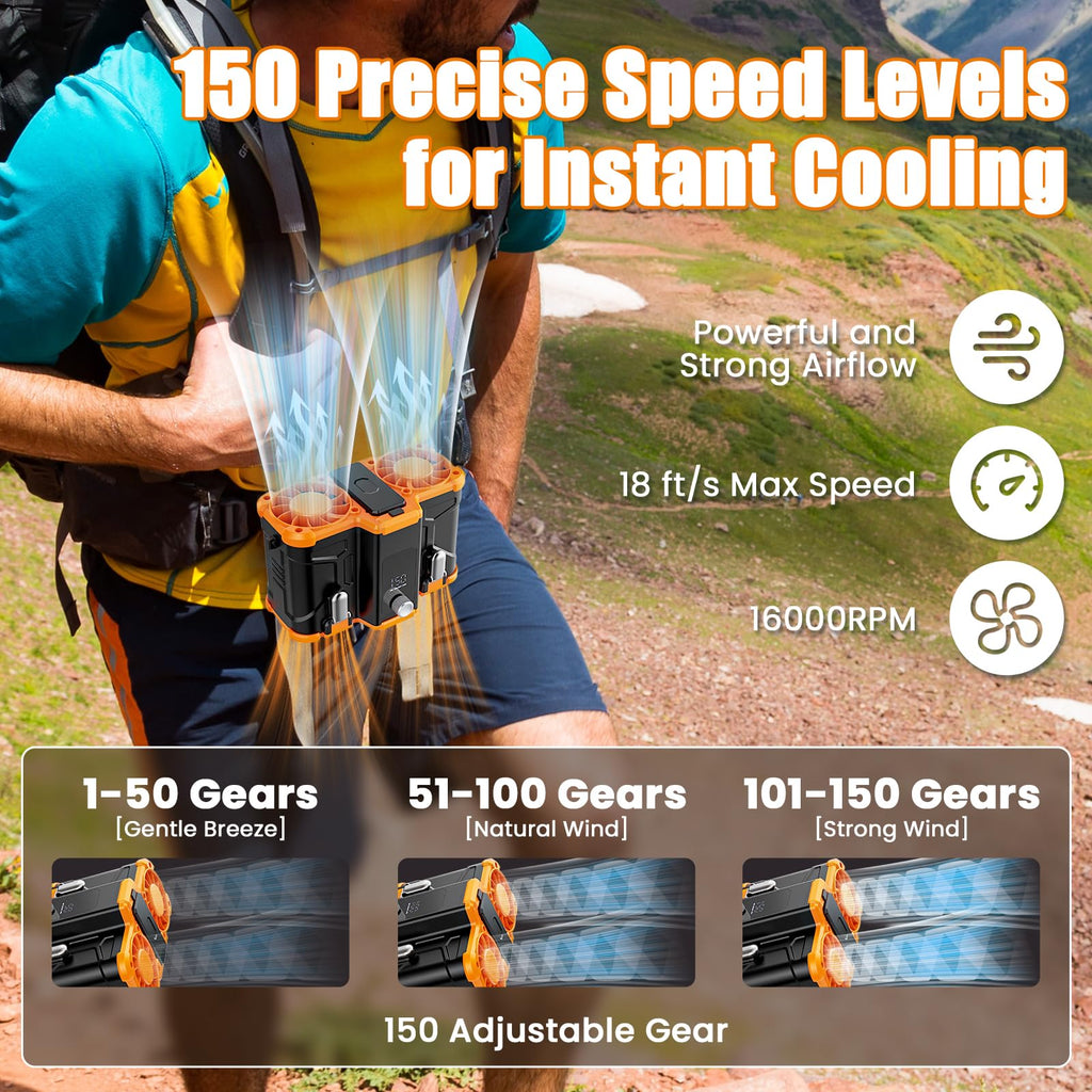 2025 Personal Waist Fan with 10,000mAh, 150 Speeds 16000RPM Strong Airflow Dual Motors, Portable Belt Clip on Waist Cooling Shirt Fan, Perfect for Outdoor Sports, Work, Camp & Travel