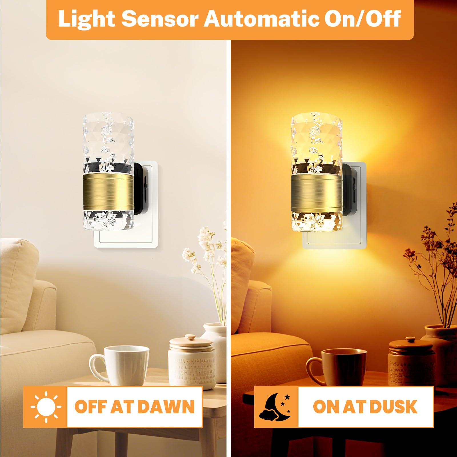 PKBD Night Light Plug in Wall with Dusk to Dawn Sensor, 3000K Warm White Light, Adjustable Brightness 100LM