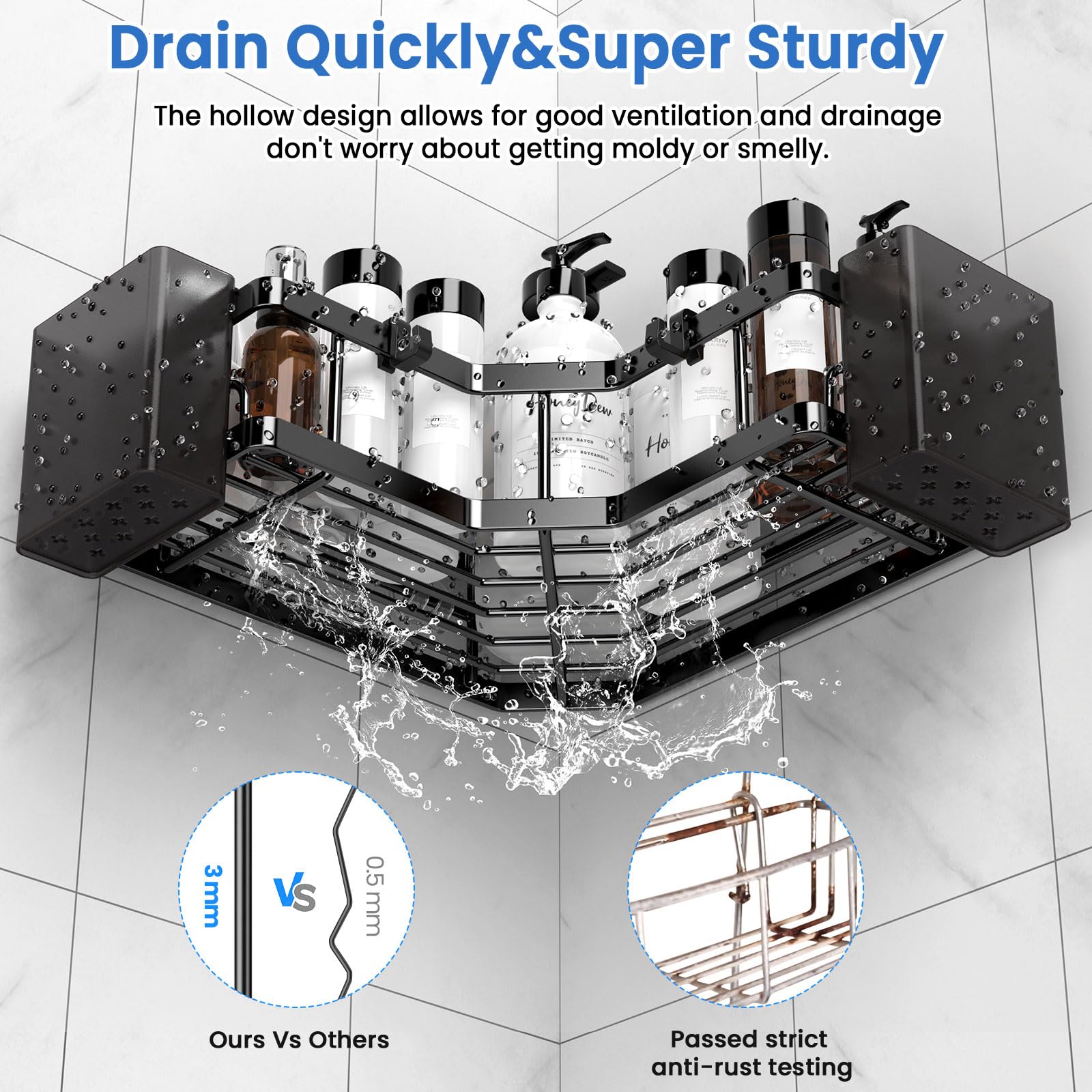 Corner Shower Caddy 3 Pack,Bathroom Storage No Drilling,shower storage with Soap Holder&Hooks&Toothpaste Holders,Bathroom or Kitchen,Rustproof Stainless Steel suction bathroom accessories,Black