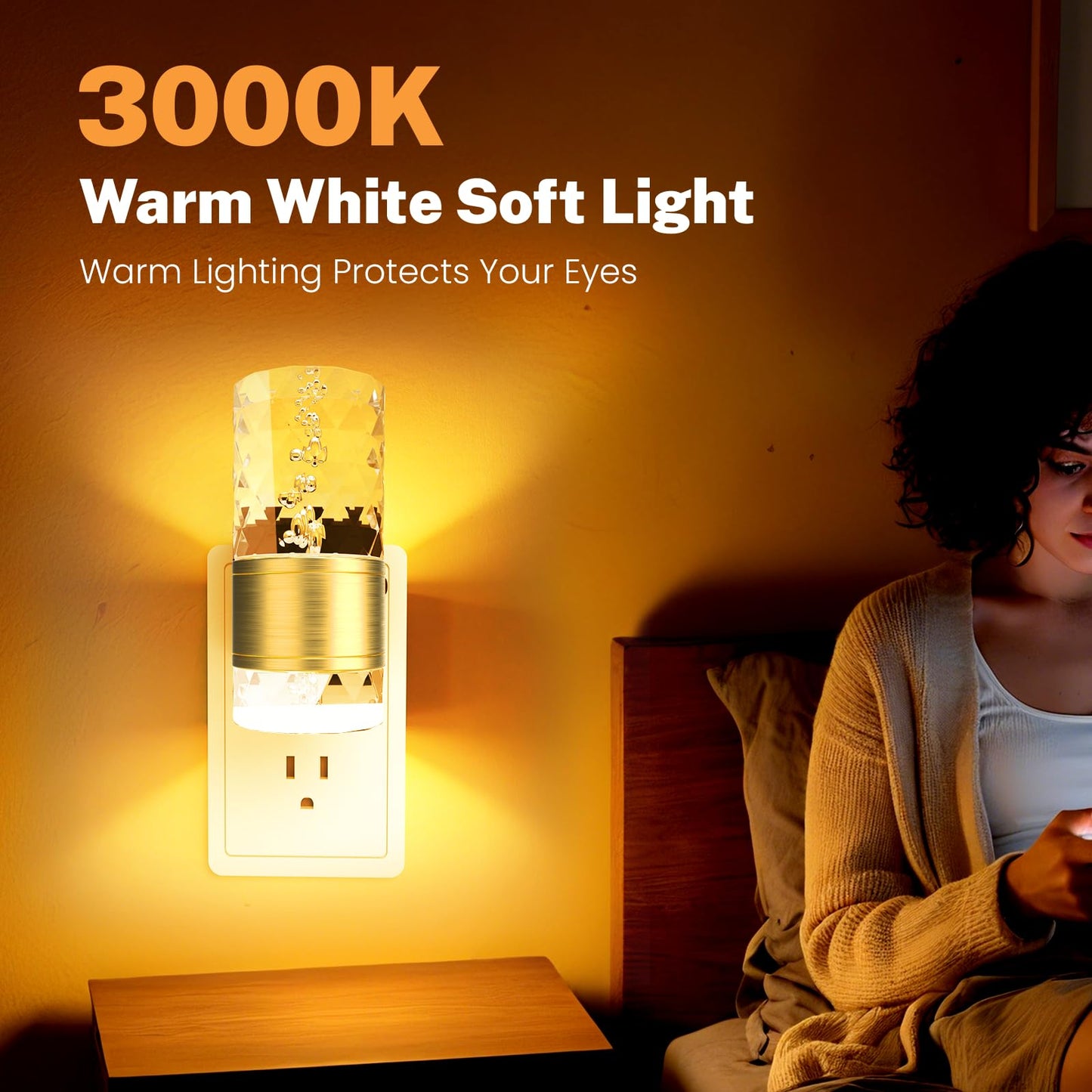 PKBD Night Light Plug in Wall with Dusk to Dawn Sensor, 3000K Warm White Light, Adjustable Brightness 100LM