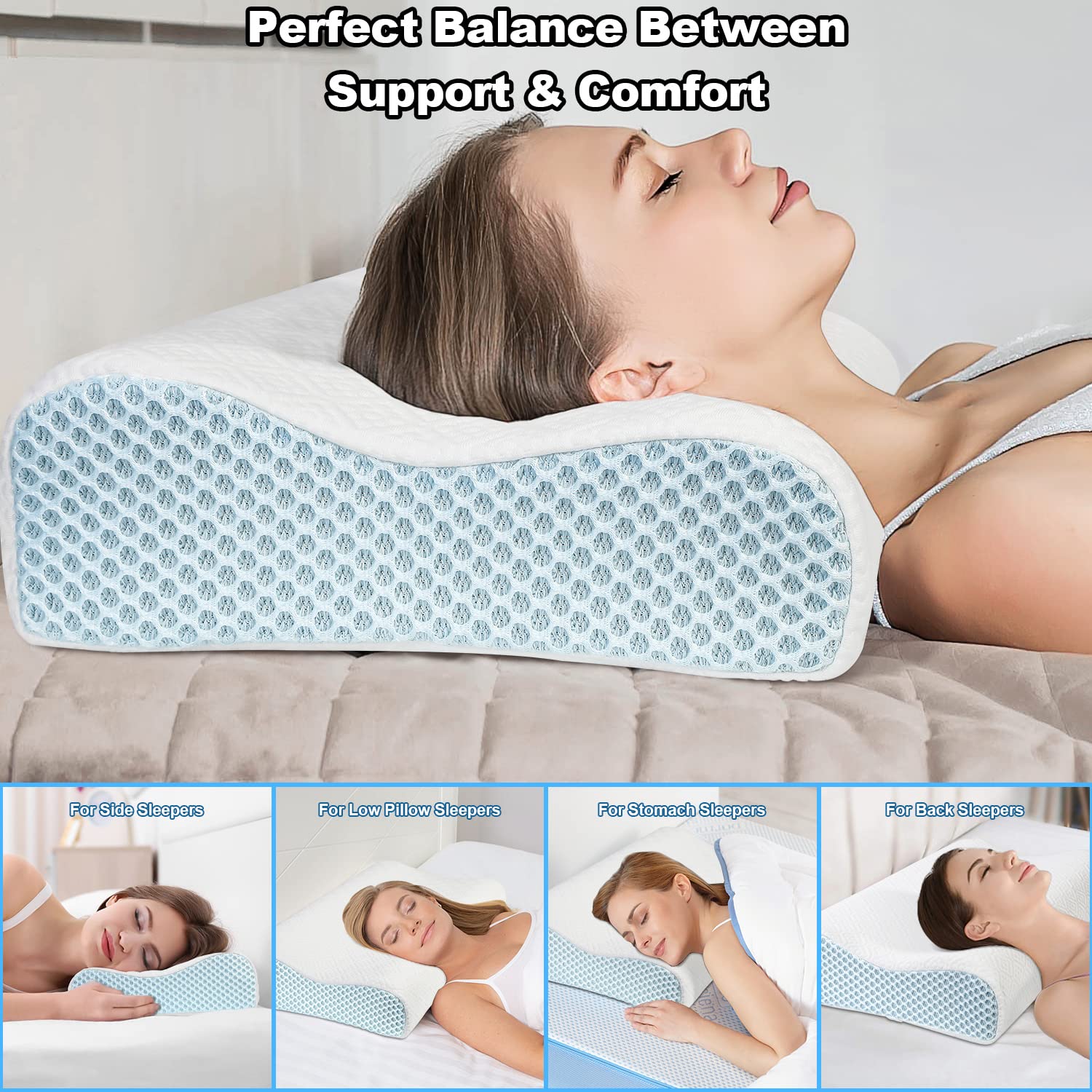 Memory Foam Pillow with Replacement Pillowcase(Cooling Ice Silk&Cotton),Neck/Shoulder Pain Relief,Ergonomic Orthopedic Cervical Pillow,Neck Contoured Bed Pillow for Side,Back,Stomach Sleepers