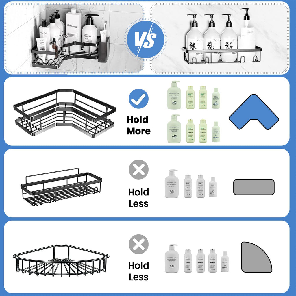 Corner Shower Caddy 3 Pack,Bathroom Storage No Drilling,shower storage with Soap Holder&Hooks&Toothpaste Holders,Bathroom or Kitchen,Rustproof Stainless Steel suction bathroom accessories,Black