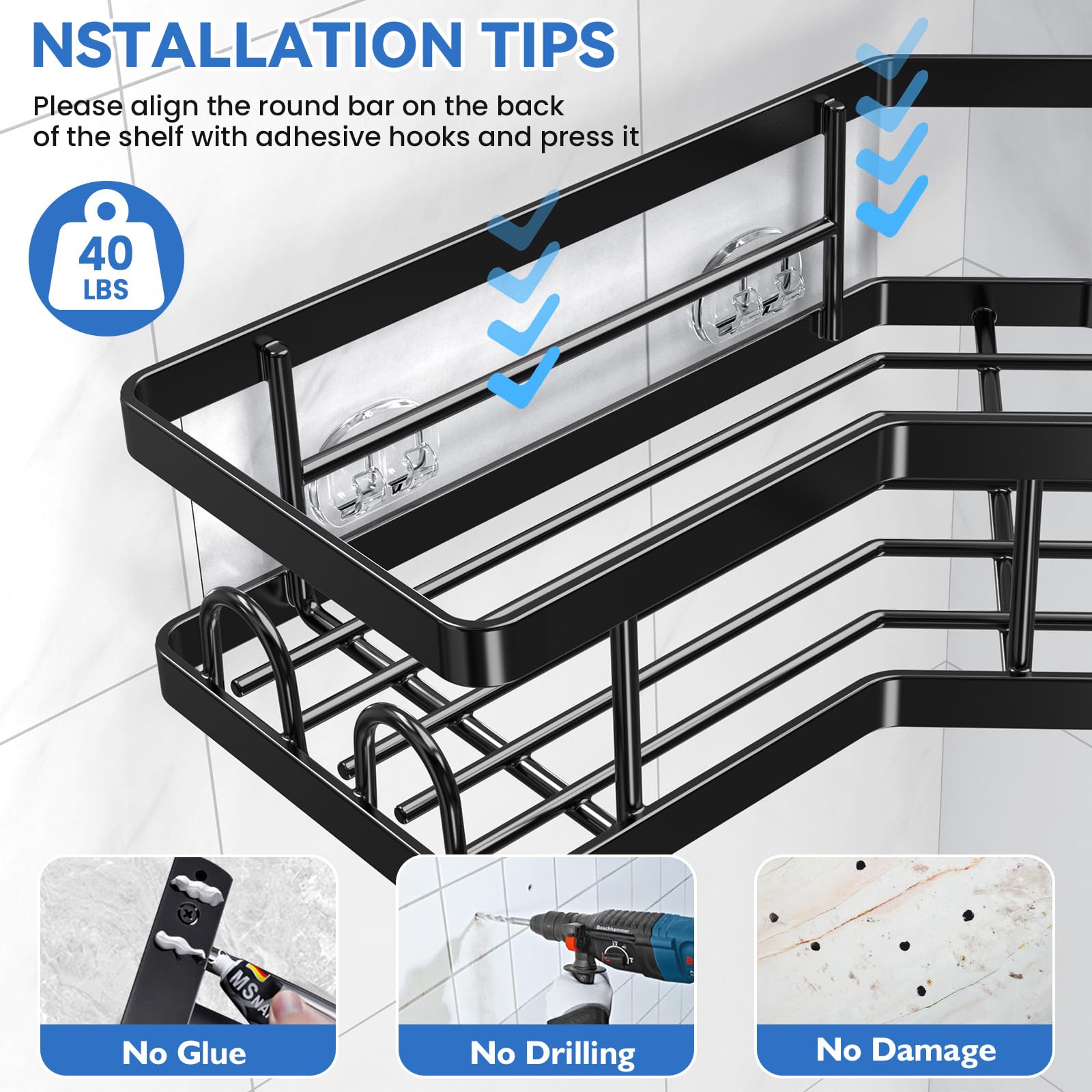 Corner Shower Caddy 3 Pack,Bathroom Storage No Drilling,shower storage with Soap Holder&Hooks&Toothpaste Holders,Bathroom or Kitchen,Rustproof Stainless Steel suction bathroom accessories,Black
